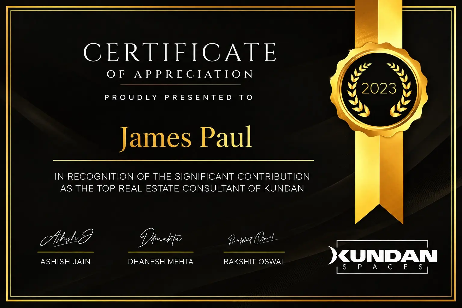Kundan Spaces Certificate of Appreciation